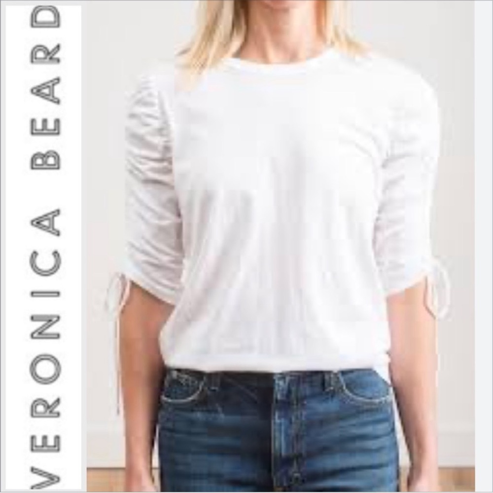 Veronica Beard Natalia Ruched Sleeve Tee White Pima Cotton Size XS